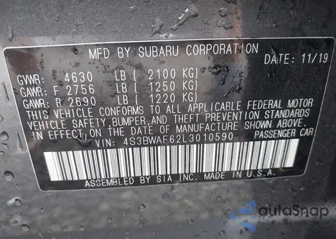 2020 Subaru Legacy Sport from USA, damaged, VIN 4S3BWAF62L3010590